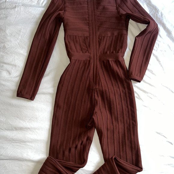 Chocolate Bandage Plunge V Neck Ribbed Jumpsuit - Size S - Picture 3 of 3